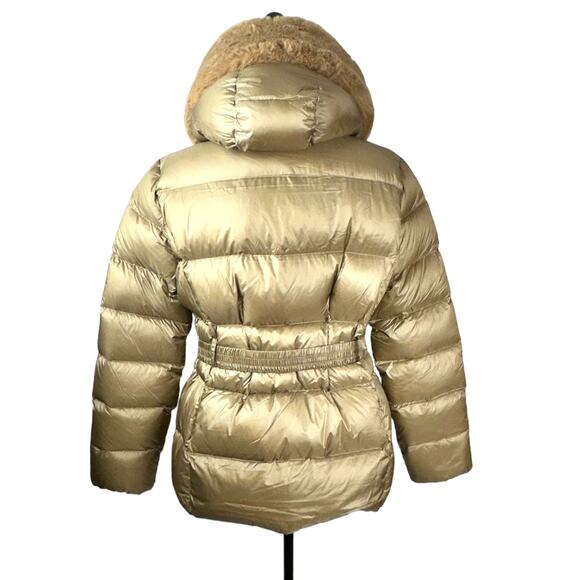 The Recycled Planet faux fur trim hooded downjacket belted brown puffer coat LG - Picture 4 of 11